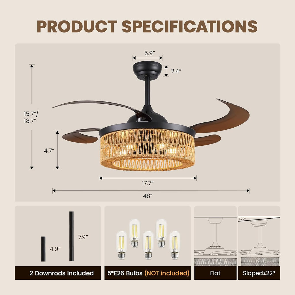 48 Inch Retractable Ceiling Fans with Lights and Remote, Boho Caged Farmhouse Ceiling Fan, Invisible Rattan Fandelier