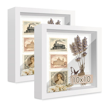 10x10 White Wooden Shadow Box Frame, Tempered Glass, 2 Pack