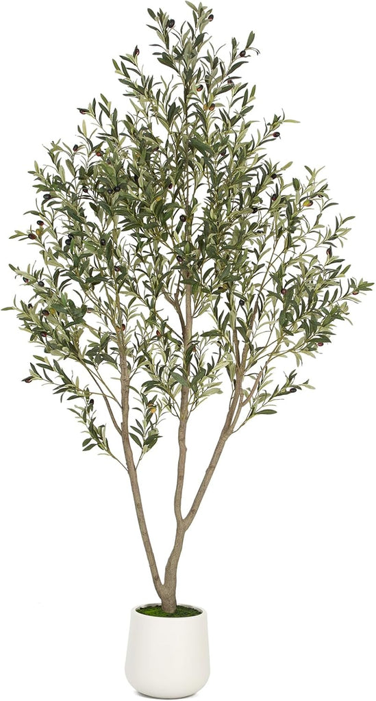 Olive Trees Artificial Indoor, 7FT Tall Faux Olive Tree with White Tall Planter, Artificial Plants with Natural Wood