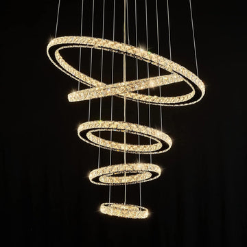 Modern Crystal Chandeliers for High Ceilings, 5 Rings Led Chandelier Pendant Light Fixture 3 Colors Adjustable, Gold Chandelier for Foyer Dining Room Bedroom Living Room Staircase, D8"-12"-16"-20"-24" A100-B0BBQWBQCK