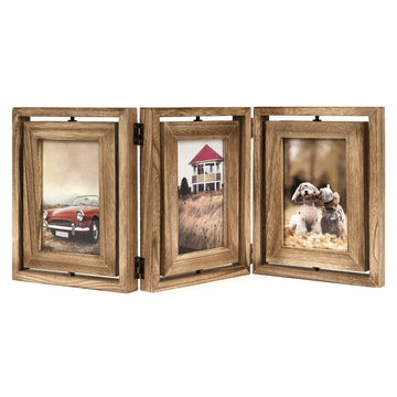 4x6 Picture Frame Rustic Wood Hinged Folding Triple Picture Frames Collage, Double-Sided Display Rotatable High