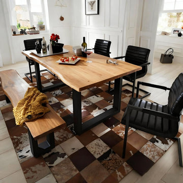 Industrial Solid Wood Dining Table, 2" Solid Wood Top, Live Edge Style Kitchen Table for 4-8 People, Farmhouse Dining