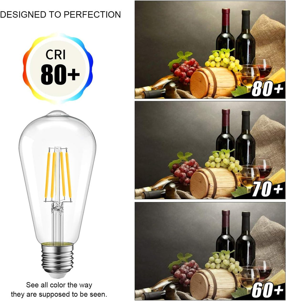 6 Pack Vintage LED Edison Bulbs 75W Equivalent 11W 1100LM Dimmable ST64 Filament 2700K Warm White E26 Medium Base