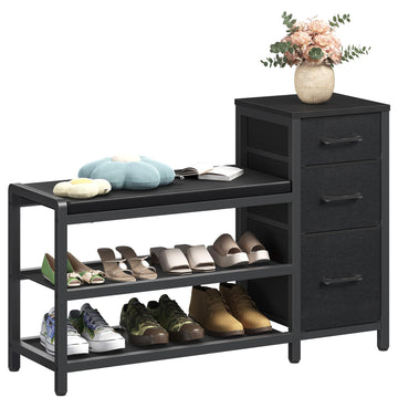 Entryway Bench with Shoe Storage, 3-Tier Shoe Rack Bench with Wooden Shelves and 3 Non-Woven Drawers, PU Padded Shoe