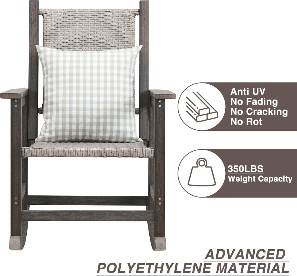 HDPE Outdoor Rocking Chair, All-Weather Wicker Porch Rocker, Dark Brown | Durable HDPE frame with woven seat and