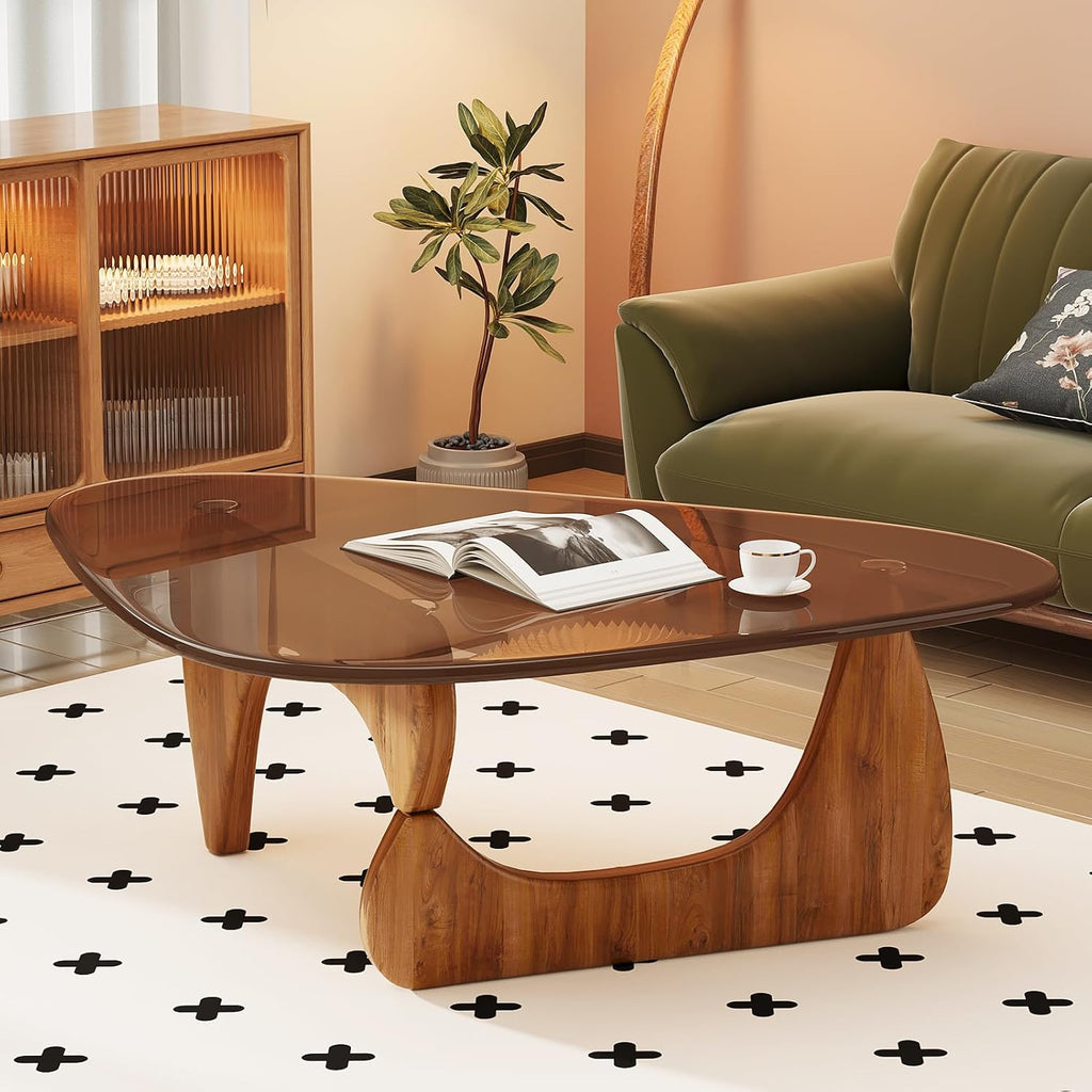 Coffee Table Mid Century Modern Center Table with Glass Top and Wood, Brown/Walnut