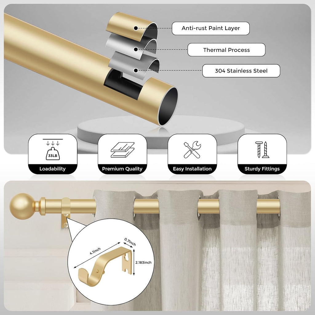 Gold Curtain Rod 36-91 Inch, 1 Inch Adjustable Heavy Duty Curtain Rods for Windows, Decorative Modern Window