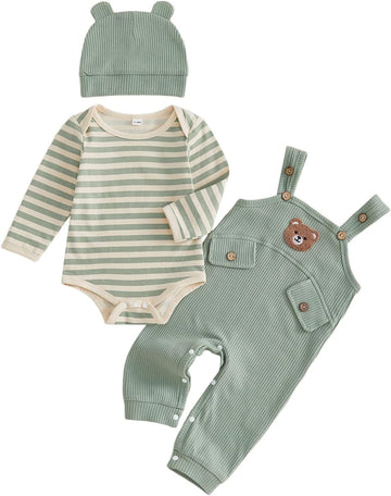 Baby Boy Clothes Infant 3pcs Outfit Set Long Sleeve Striped Romper Bear Embroidery Overall Suspender Pants Hat Sets