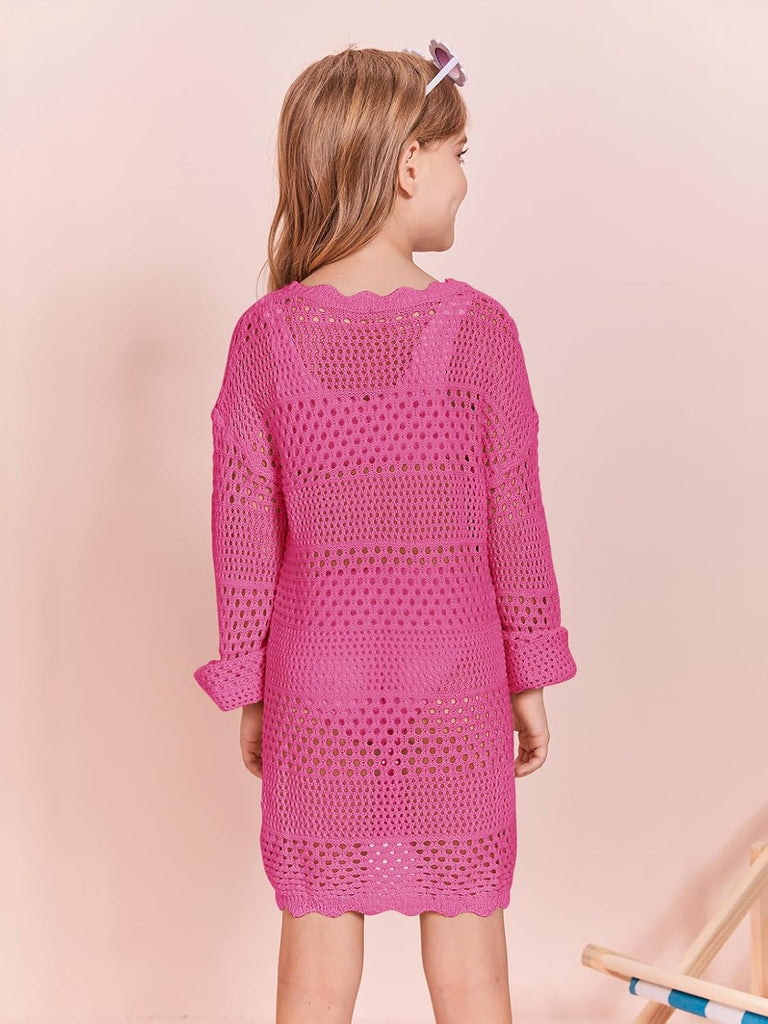 Girls Crochet Long Sleeve Swimsuit Cover Up Kids Fashion Hollow Out Swimwear Beach Dress