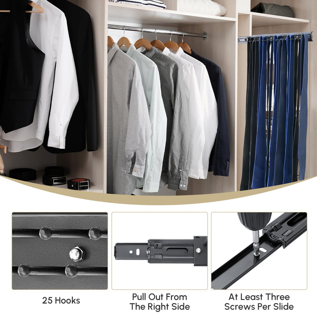 2 Pcs 13.8'' Sliding Tie Rack Hangers for Closet, 25 Tie Each, Black