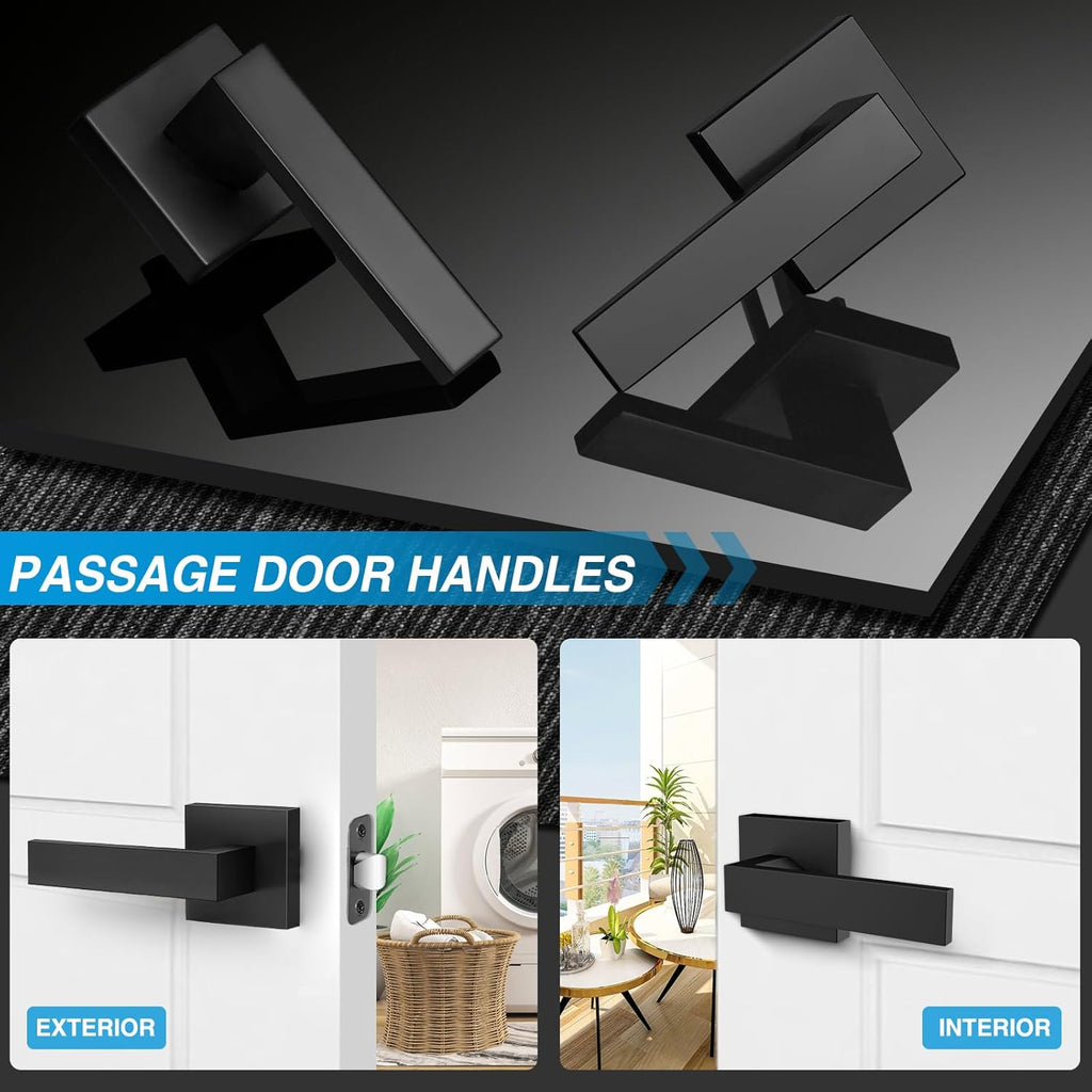 4 Pack Black Door Handles Interior, Passage Door Levers Closet Door Knobs Heavy Duty Square Non-Locking Handlesets