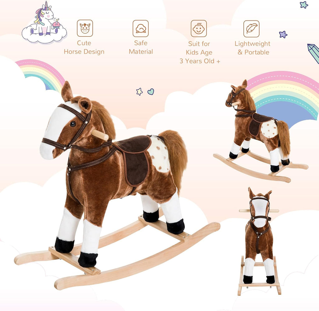 Kids Rocking Horse Plush for Boys Girls with Realistic Sounds Brown