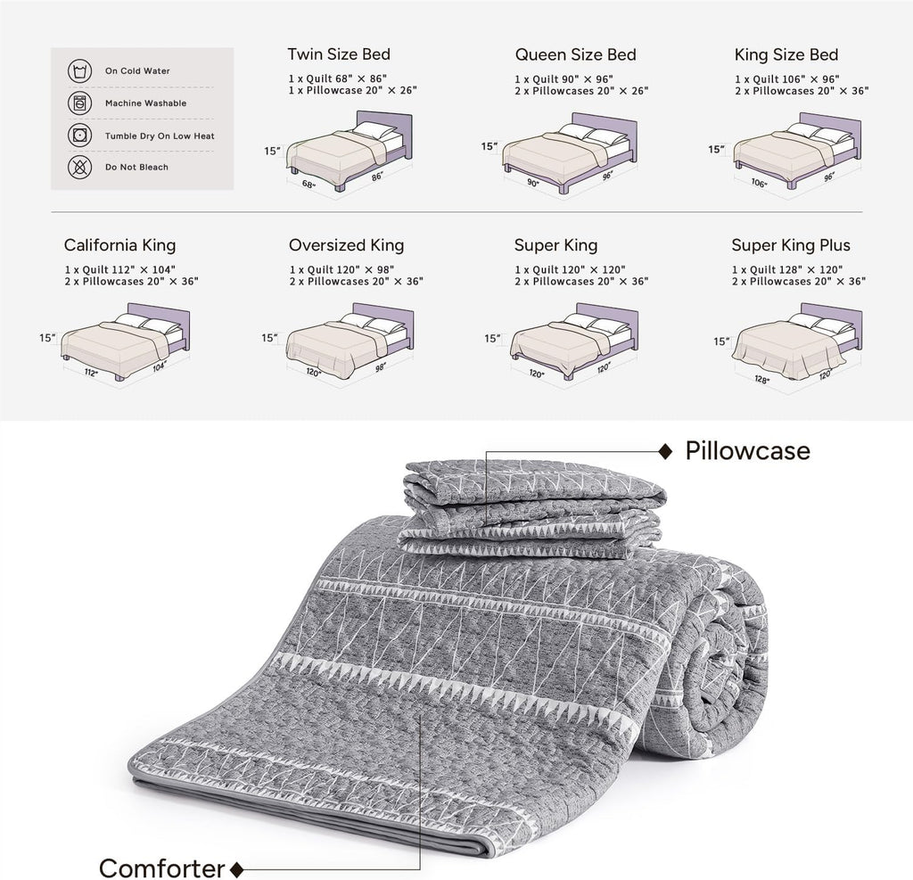 Quilts Queen Grey, 3 Pieces Queen Quilt Bedding Set Boho Lightweight Soft Striped Bedspread for All Season (90"x96")