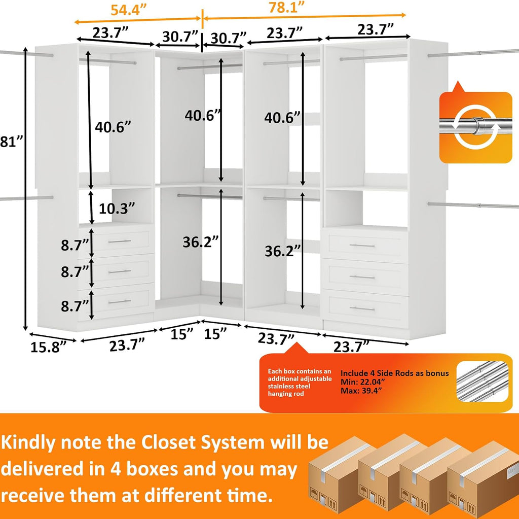 Closet System with 6 Wooden Drawers, 4.5-21.6FT L-Shaped | Corner Closet organizer System with 10 Expandable Hanging