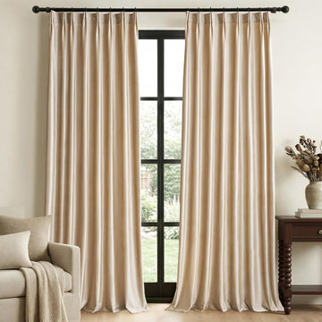 Beige Champagne Velvet Curtains 84 Inch: Pinch Pleated 2 Panels Luxury Living Room Darkening Thermal Insulated Drape