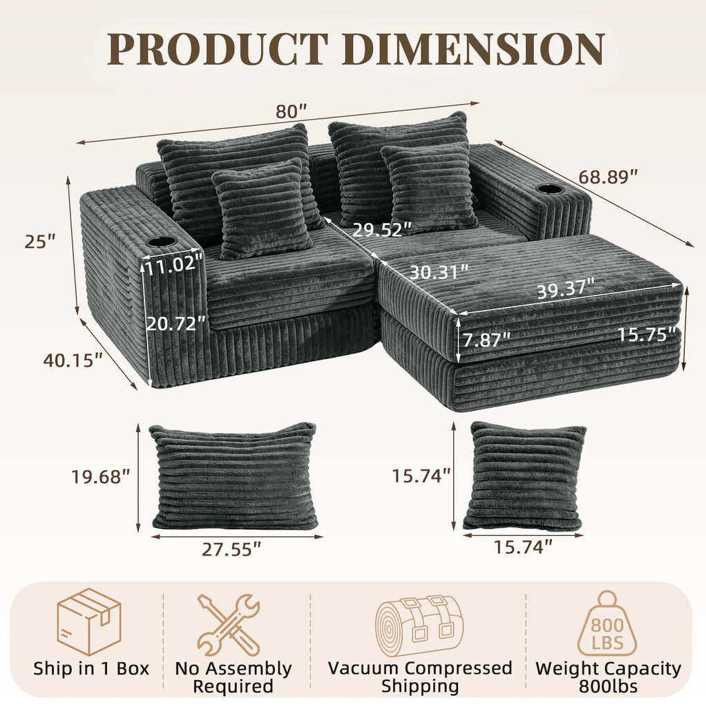 80" Cloud Modular Sectional Sofa, Boneless Corduroy Couch Sofa with Cup Holders & Side Pockets, L-Shaped Couch with