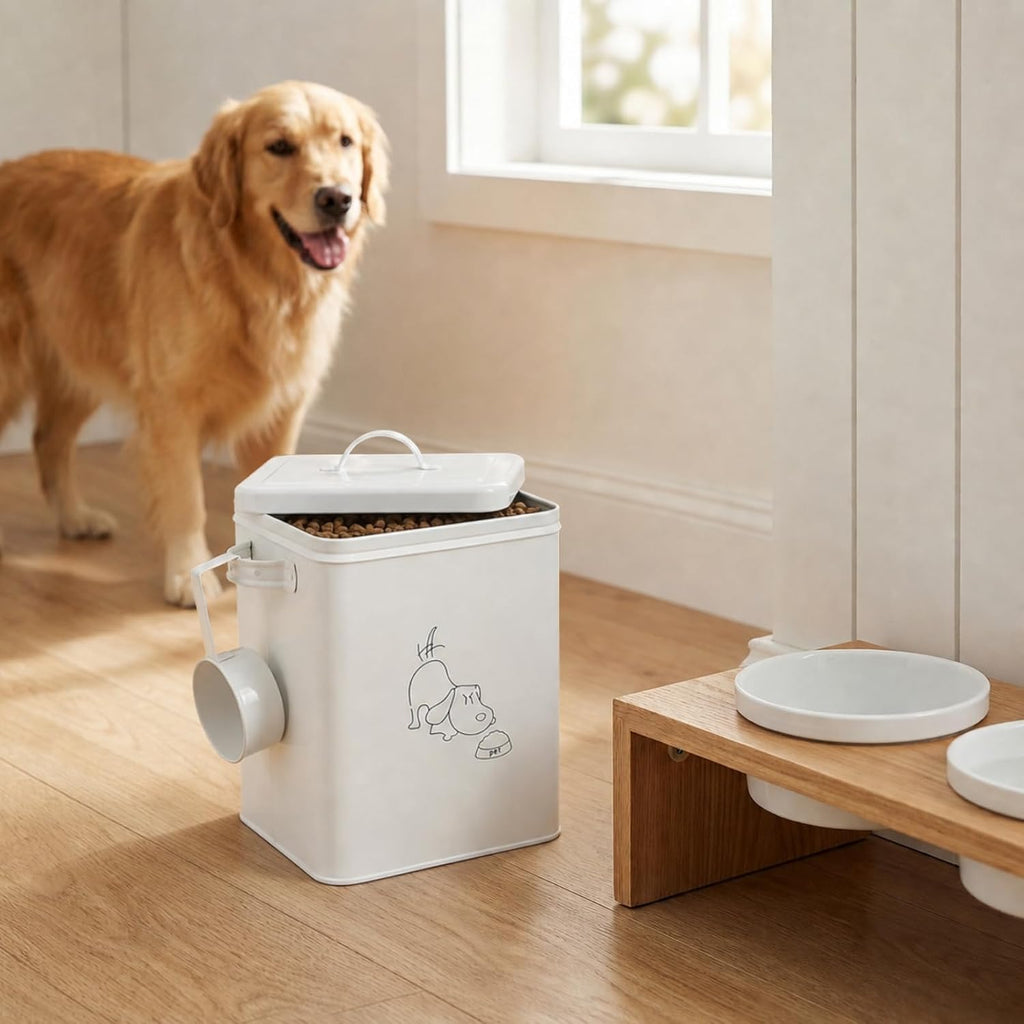 Pet Treat and Food Storage Bin with Lid and Scoop, 5LBS White Vintage Farmhouse Storage Tin, Coated Carbon Steel