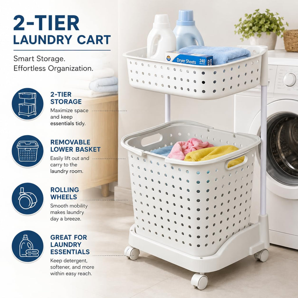 Slim Hamper with Wheels - 2 Tier Rolling Laundry Cart, Narrow Plastic Basket, Double Compartments, 360 Degree Swivel