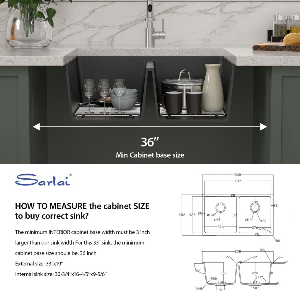 33 Black Granite Composite Kitchen Sink - 33"x19"Double Bowl Undermount Kitchen Sink Double Basin 50/50 Matte Black