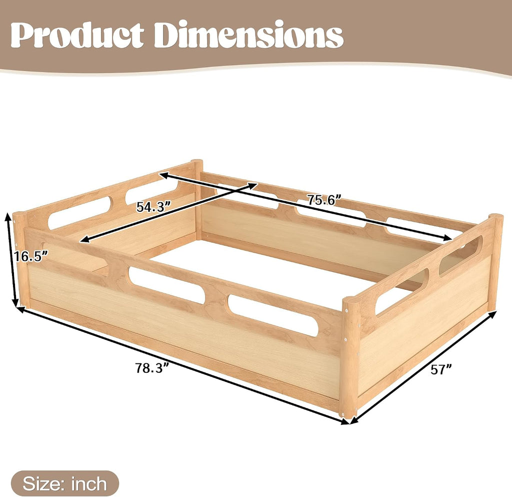 Pine Wood Floor Bed Frame with 16.5"Full-Length Guardrails