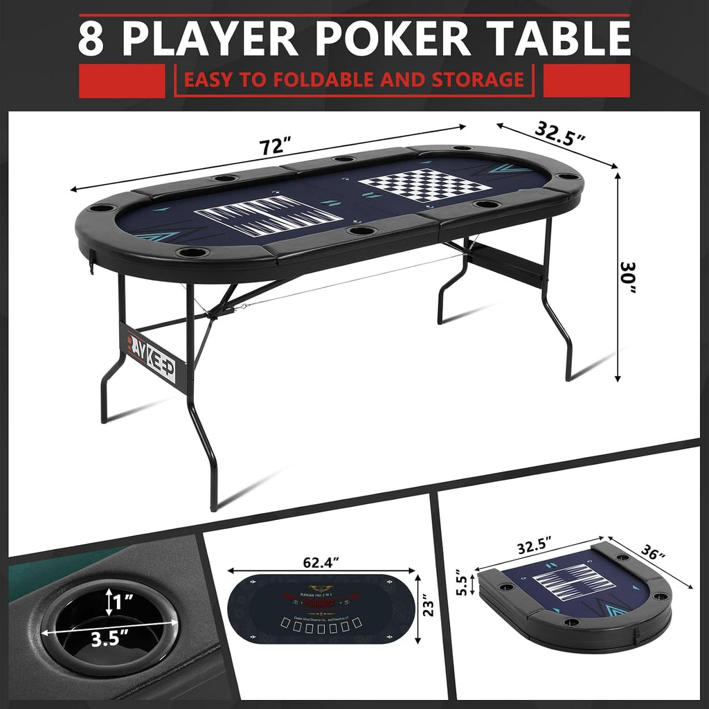 4-in-1 Poker Table Foldable, 8 Player Folding Poker Table w/Interchangeable Texas Holdem/Blackjack Game Mat &