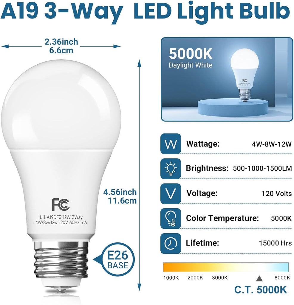 3 Way Light Bulbs 40 60 100W Equivalent Daylight White 5000K, 2 Pack