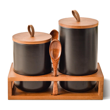 Black Ceramic Canister Set of 2 with Bamboo Lids, Wooden Stand & Spoons - 35oz & 28oz Airtight Food Storage Jars for