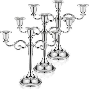 3 Pcs 3 Arm Metal Candelabra Candlestick Holders Tall Candlestick Holders Gothic Candle Holdery (Classic,10 Inch,Silver)