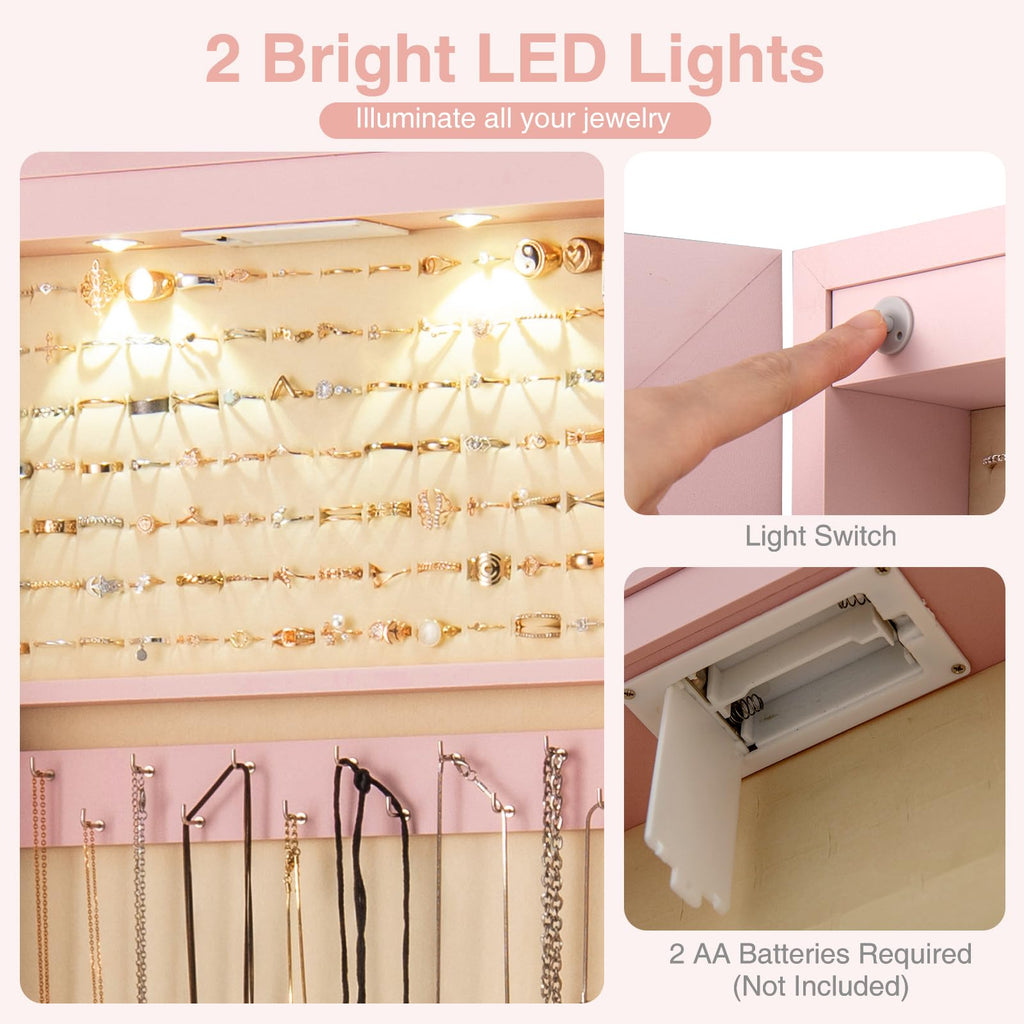 Wall Door Jewelry Armoire, 47.5" H Full Length Mirrored Jewelry Cabinet with 2 LED Lights and 2 Drawers, Lockable