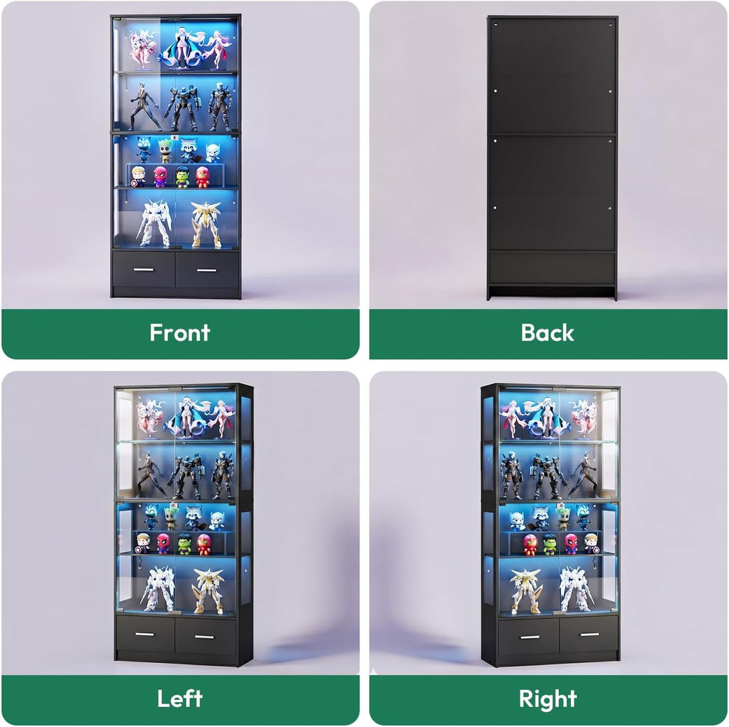 Display Cabinet with Seal Strip & RGB LED Light | 67" Curio Cabinet, Pop-Up Glass Doors, Adjustable Shelves, Anti-Tip