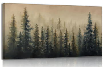 Large Misty Forest Landscape Canvas Wall Art Green Pine Tree and Foggy Mountains Scenery Picture Wall Decor Abstract