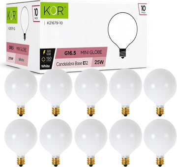 G16.5 White Incandescent Globe Bulbs, 25W, E12 Candelabra Base, 10-Pack