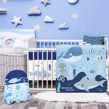 4 Pieces Baby Crib Bedding Set, Standard Nursery Size Soft, Whale