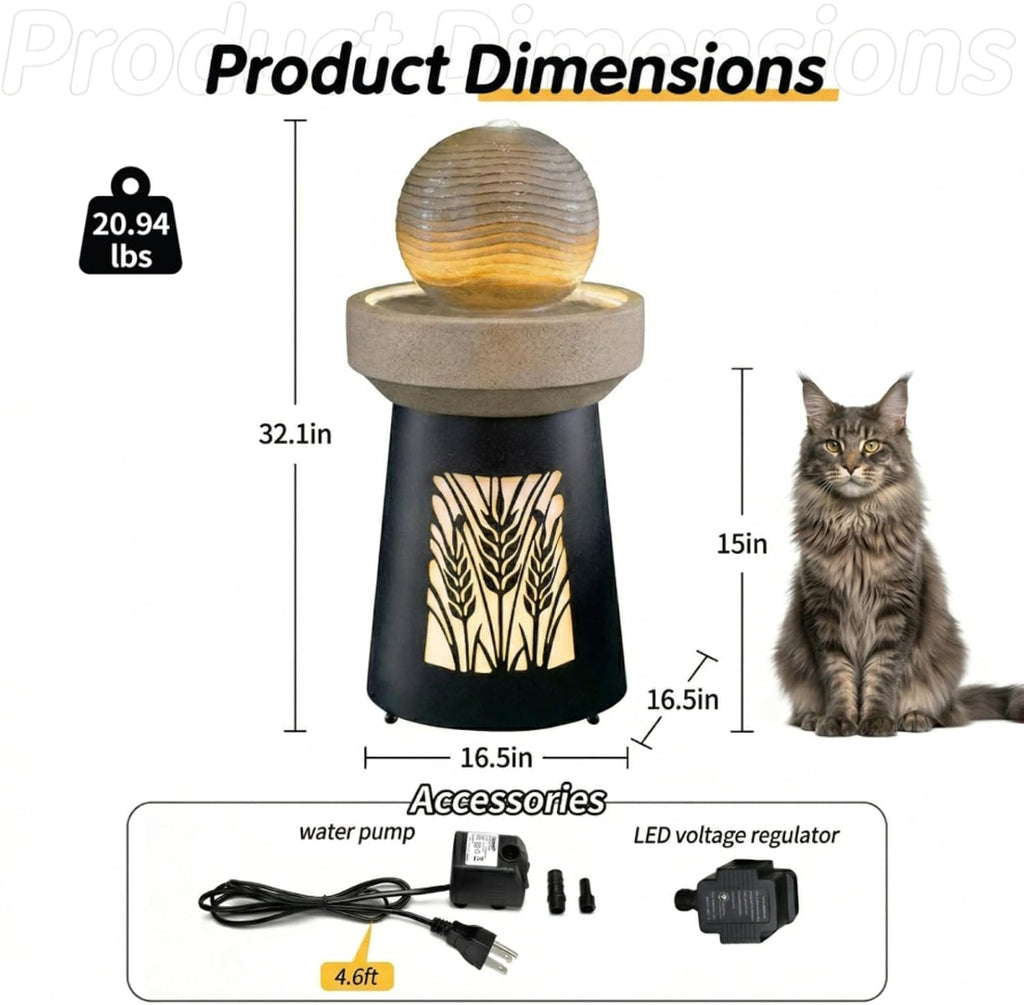 Modern Sphere Water Fountain with LED Lights and Quiet Pump, Freestanding Resin Zen Decor, Suitable , Balcony, Indoor