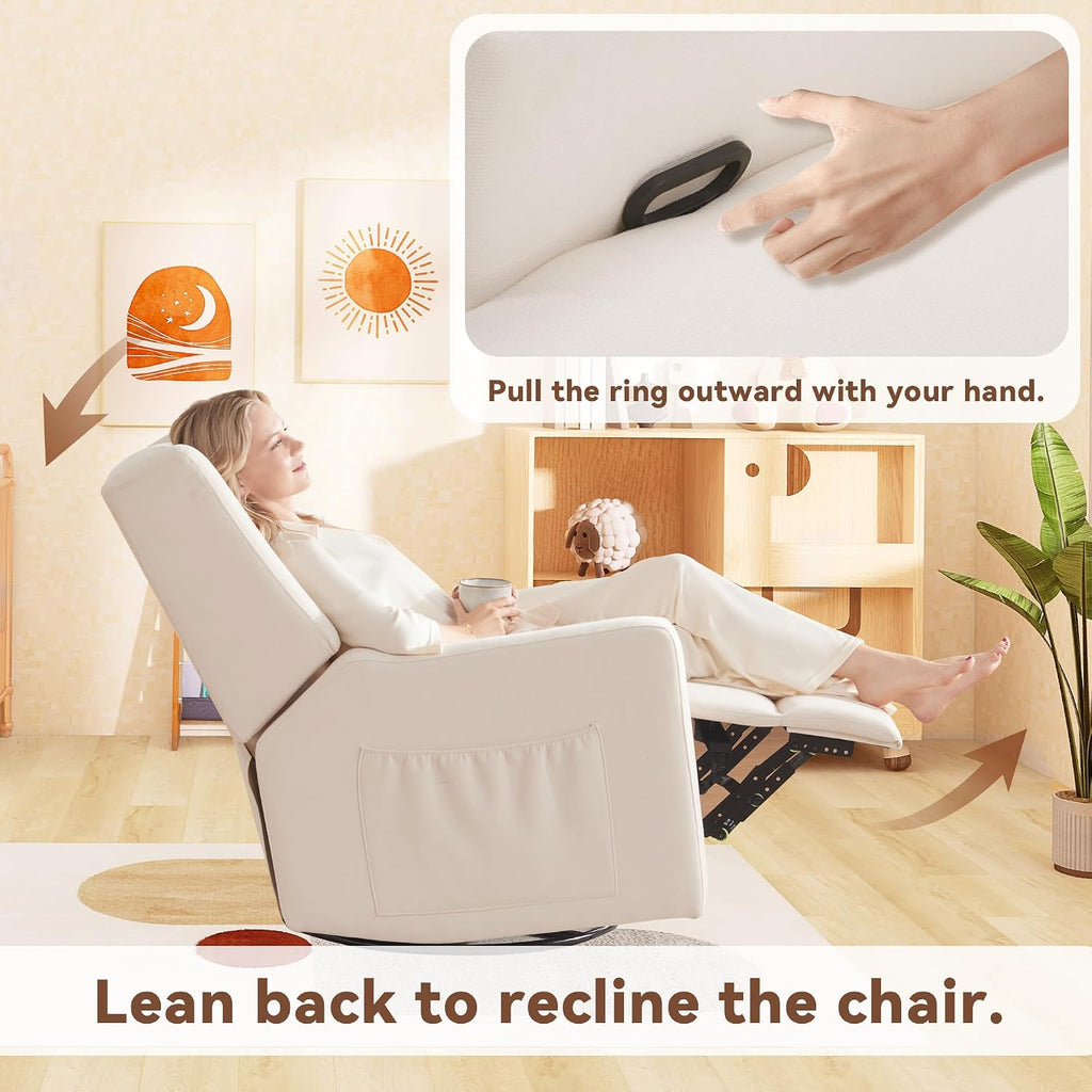 32" Nursery Rocking Chair, 360° Swivel Recliner Chair with Lumbar Support, Comfy Upholstered Armchair with Pillows &