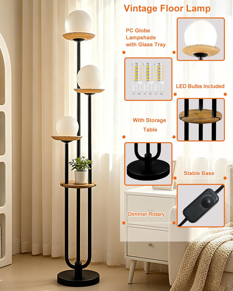 Black Floor Lamp Dimmable with Amber Glass Tray Tall Lamp