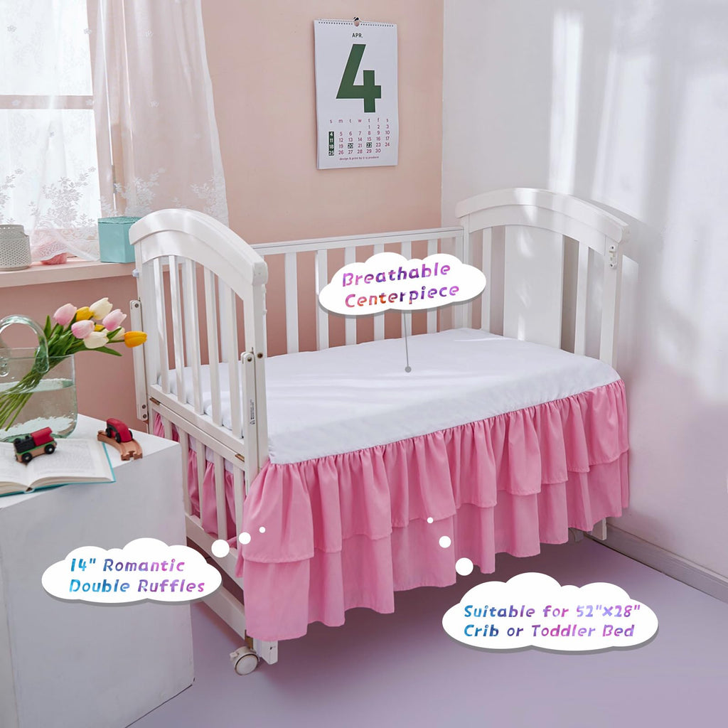 Pink Crib Bed Skirt 14 in Deep Drop Dust Ruffle Double Layer Microfiber Nursery Bedding Skirt for Baby Girls