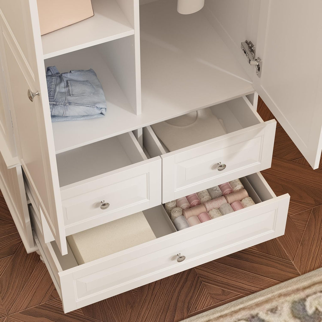 Bedroom Armoire Wardrobe Cabinet with 3 Drawers & Rod, White | 2 Doors Wood Armoire Closet with Hanging Rod, 3
