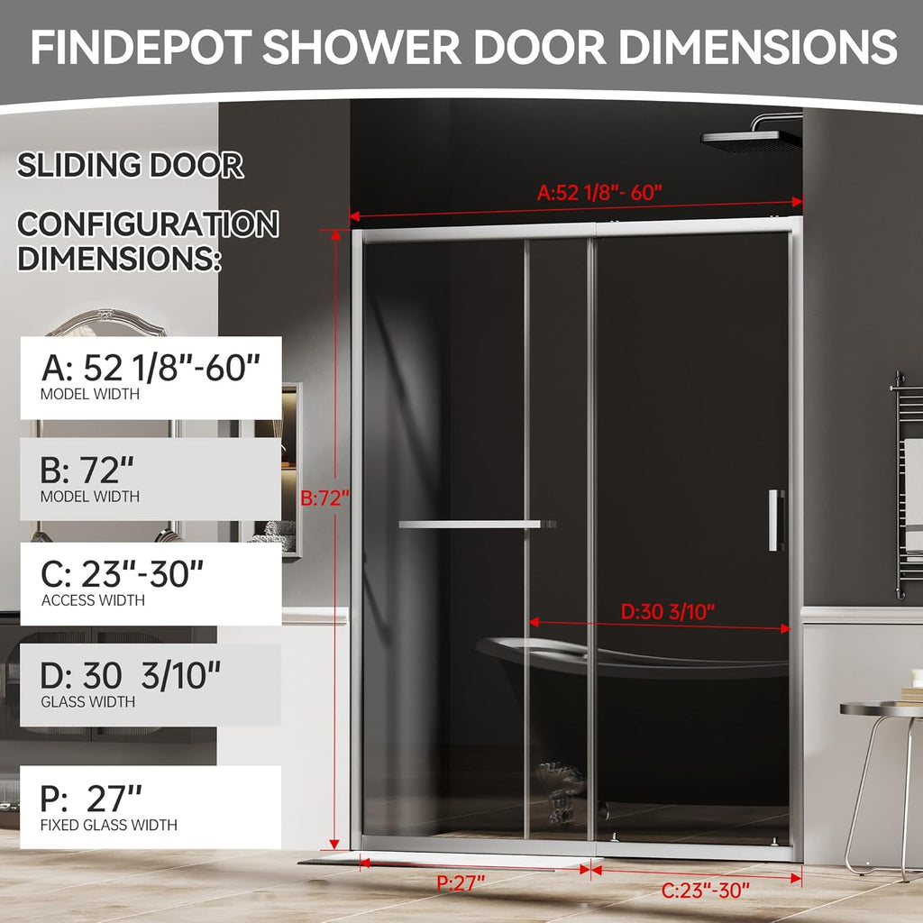 Sliding Shower Door, 52-60" W ×72" H Shower Glass Door