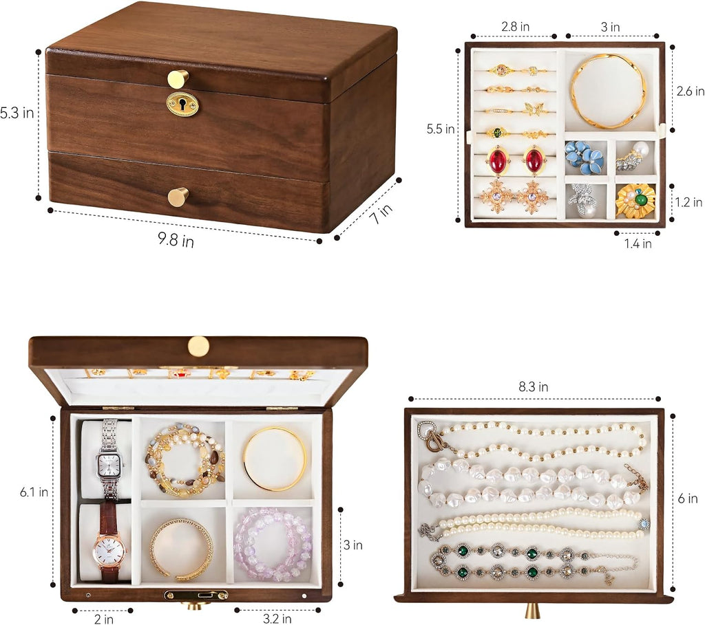Black Walnut Jewelry Box for Women, 3 Layer Top Lock Wooden Organizer Case