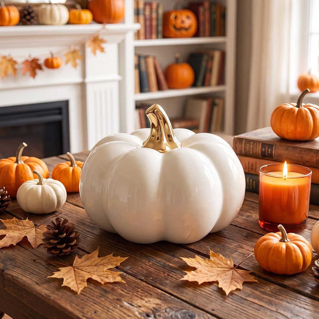 7" Artificial White Pumpkin Ceramic Decor Lifelike Faux Vegetables