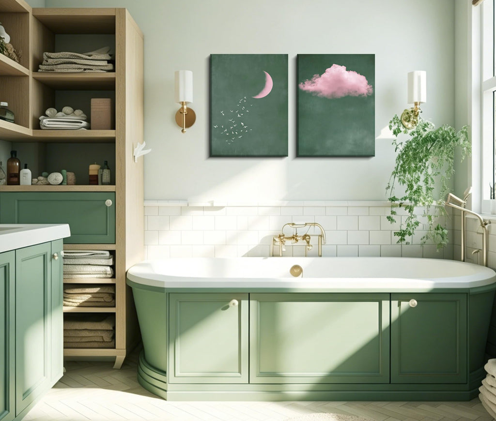 Pink and Green Moon Canvas Canvas Wall Art Set of 2, 12x16 Inches