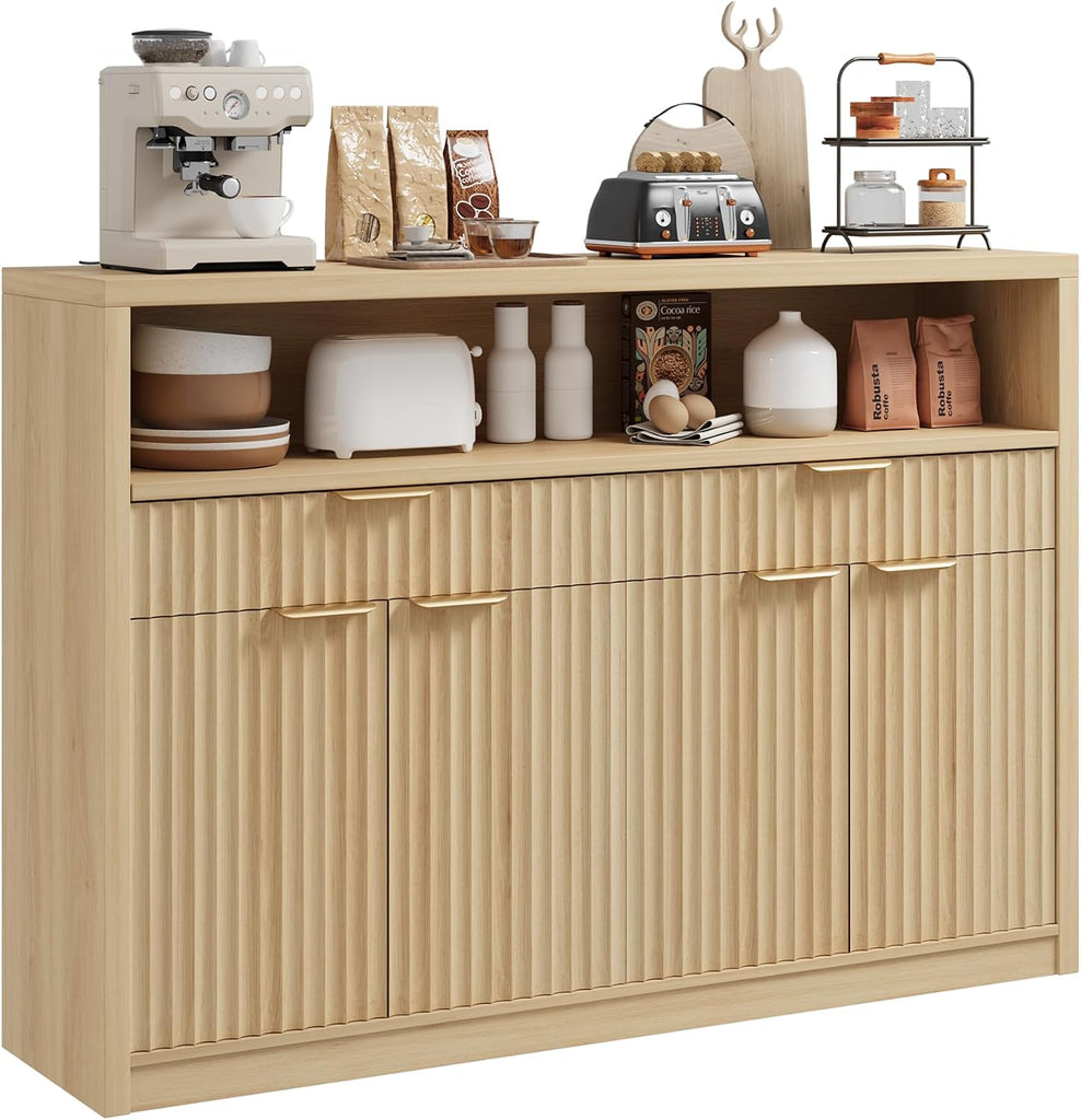 51" Buffet Sideboard Cabinet, Modern Hutch Storage Cabinets Natural | Fluted Pantry with Doors, Drawers & Open