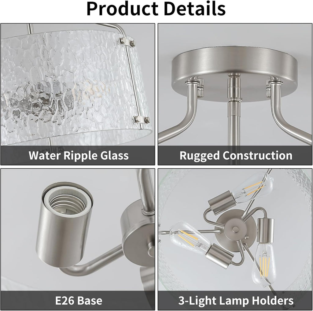 Semi Flush Mount Ceiling Light Fixture Glass Drum Chandelier Entryway Light Fixture 16''Brushed Nickel Flush Mount