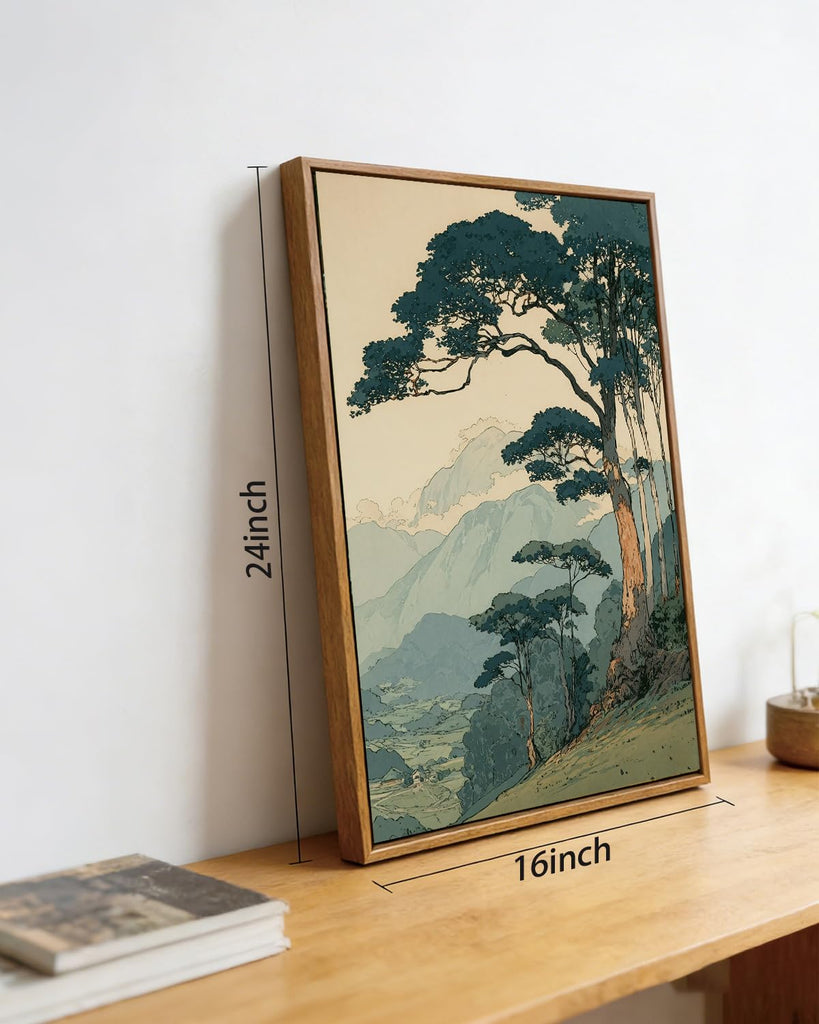 Framed Vintage Japanese Wall Art, Pine Tree Forest Canvas Print 16x24 Inch