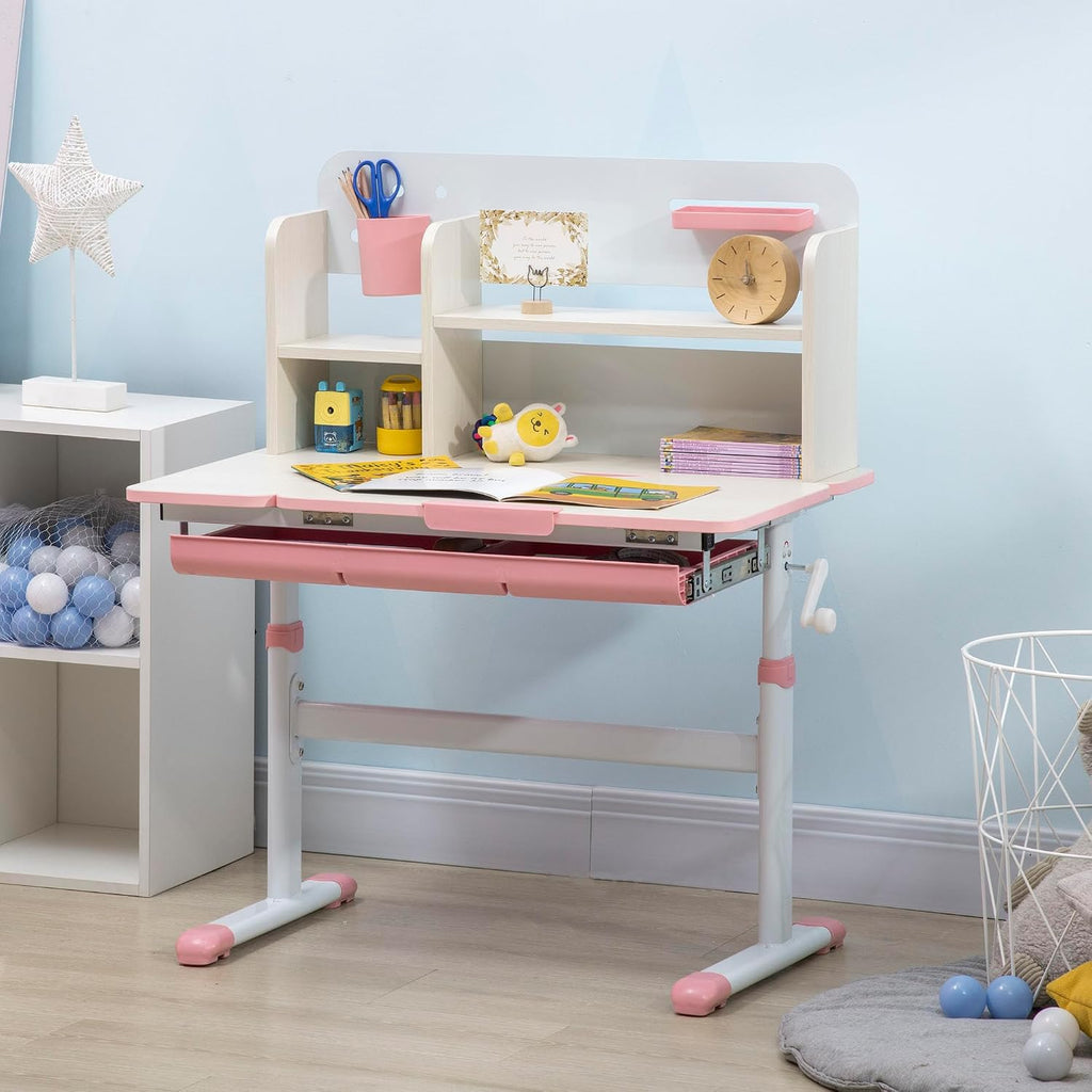 Wooden Kids Study Desk Height Adjustable Tilt Desktop Drawer Pink