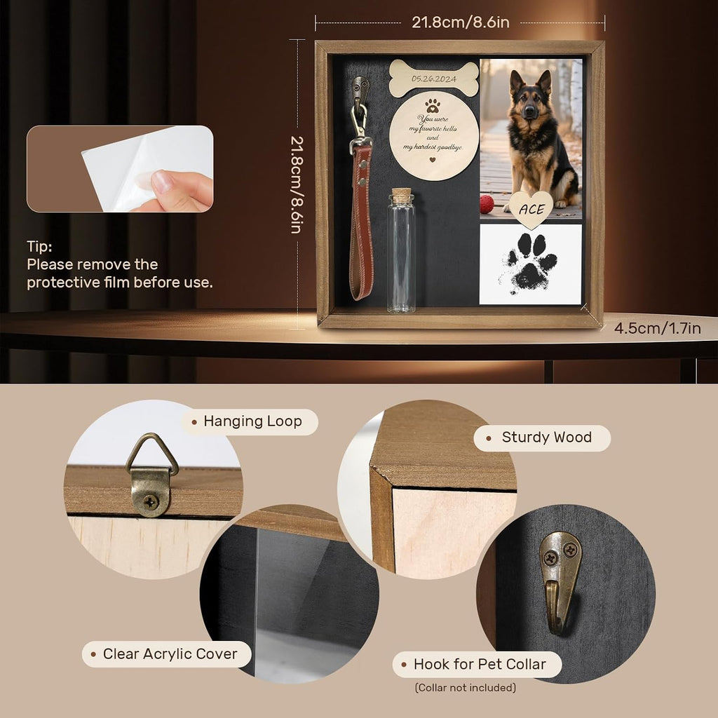 Pet Memorial Gifts for Dogs, 8.6'' Shadow Box, Paw Print Kit, Fur Jar