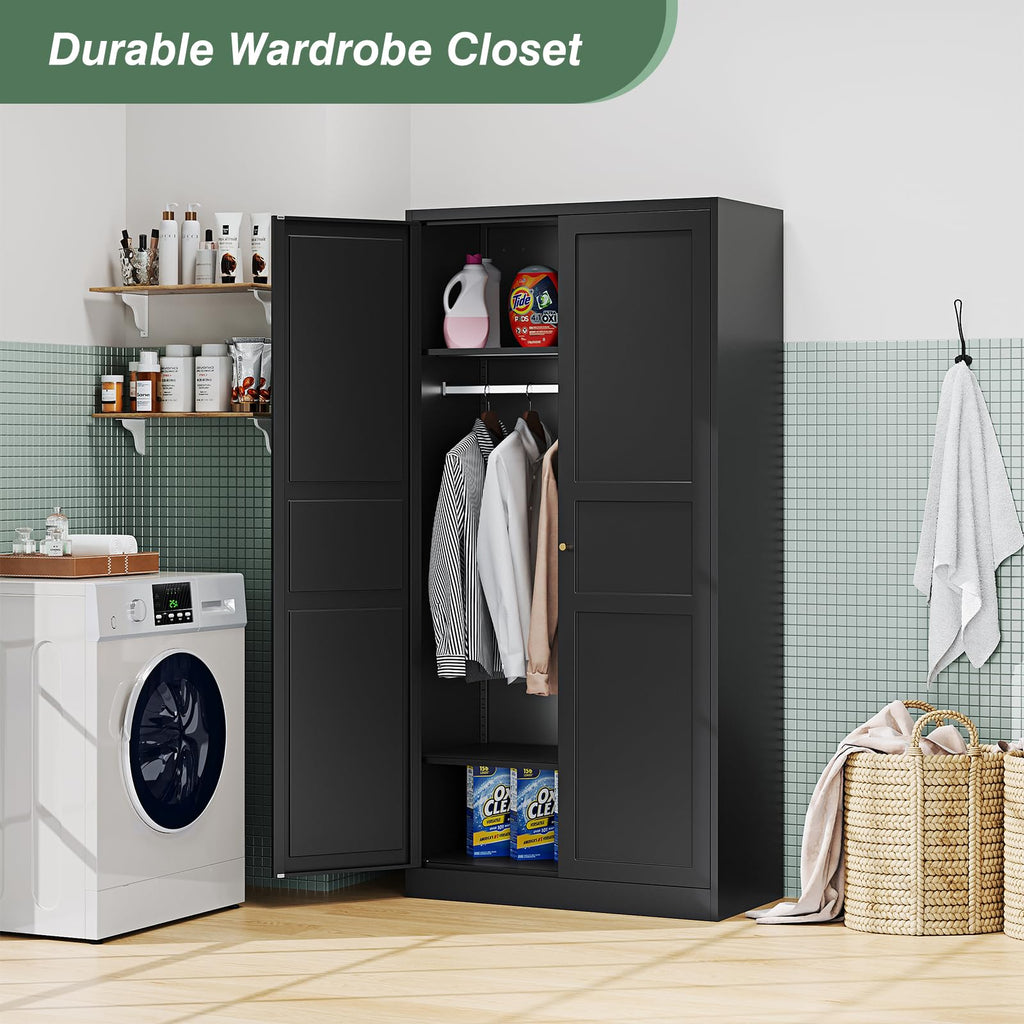 Metal Wardrobe Closet Cabinet, Armoire Wardrobe Closets Storage Cabinets with Doors and Shelves for Laundry