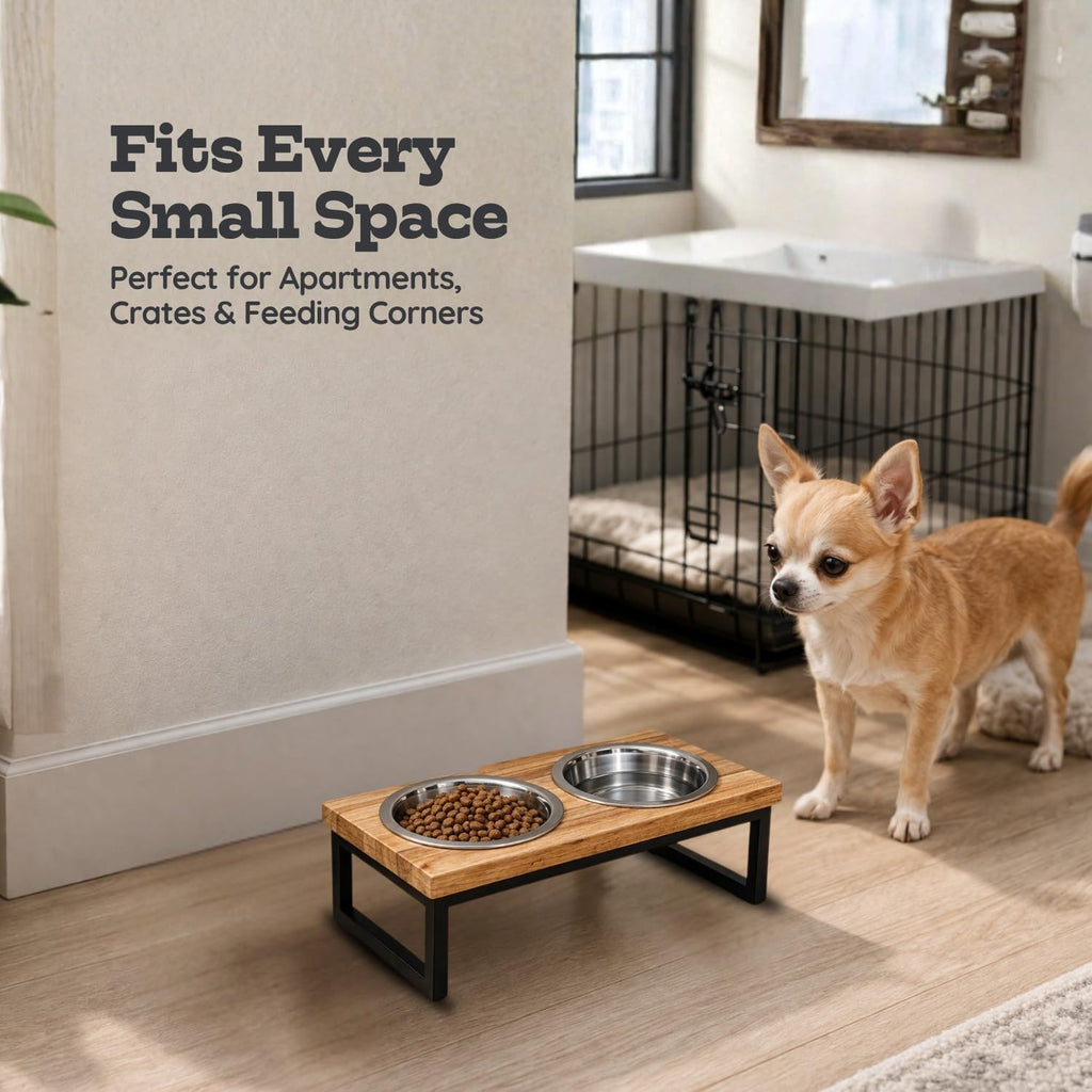 Elevated Dog Bowls, 4" Small Dogs & Cats Raised Bowl Mango Wood Stand, Food & Water 2 Stainless Steel Dishes Each