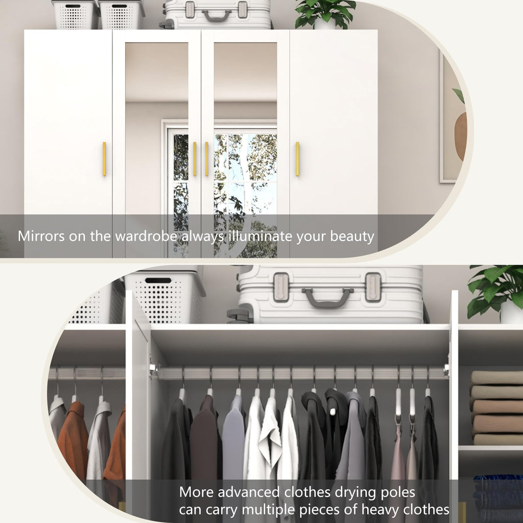 4 Door Wardrobe Closet with Mirrors and LED Lights, Bedroom Armoire with Drawers and Shelves, Modern Wooden Armoire